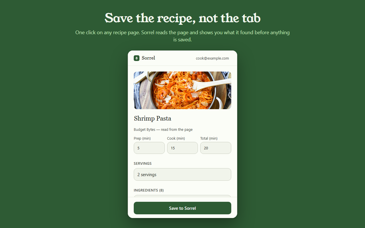 The Sorrel extension popup showing the recipe it read from the page