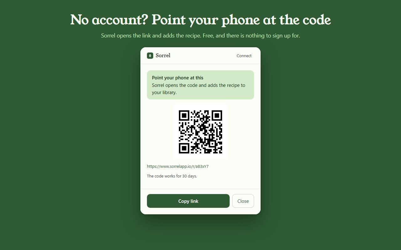 The extension showing a QR code and a sorrelapp.io share link