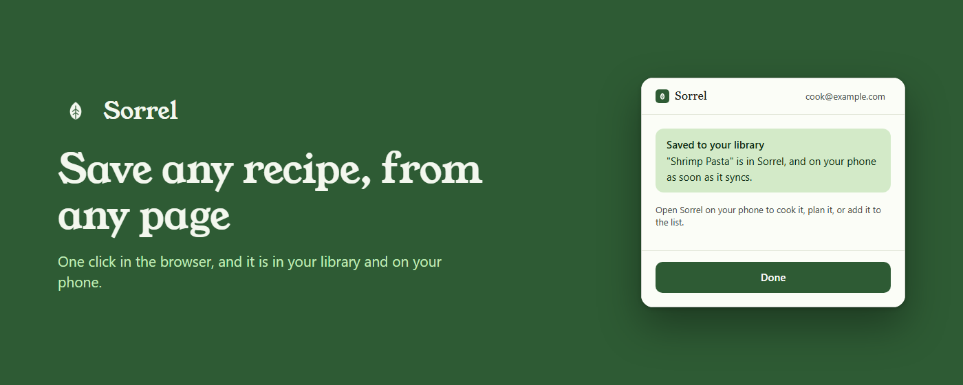 The extension confirming a recipe was saved to your library
