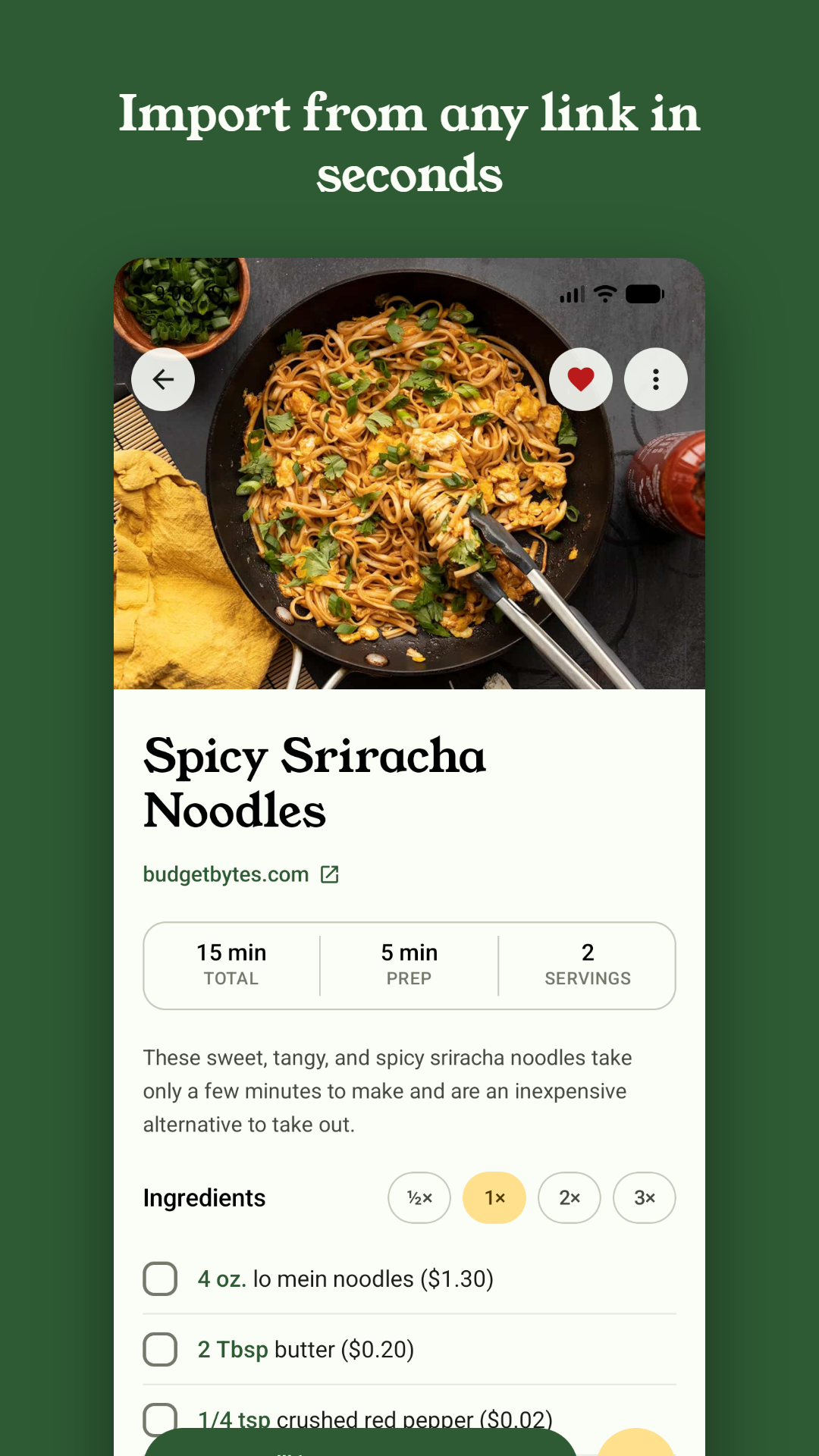 Recipe detail screen with ingredients and steps