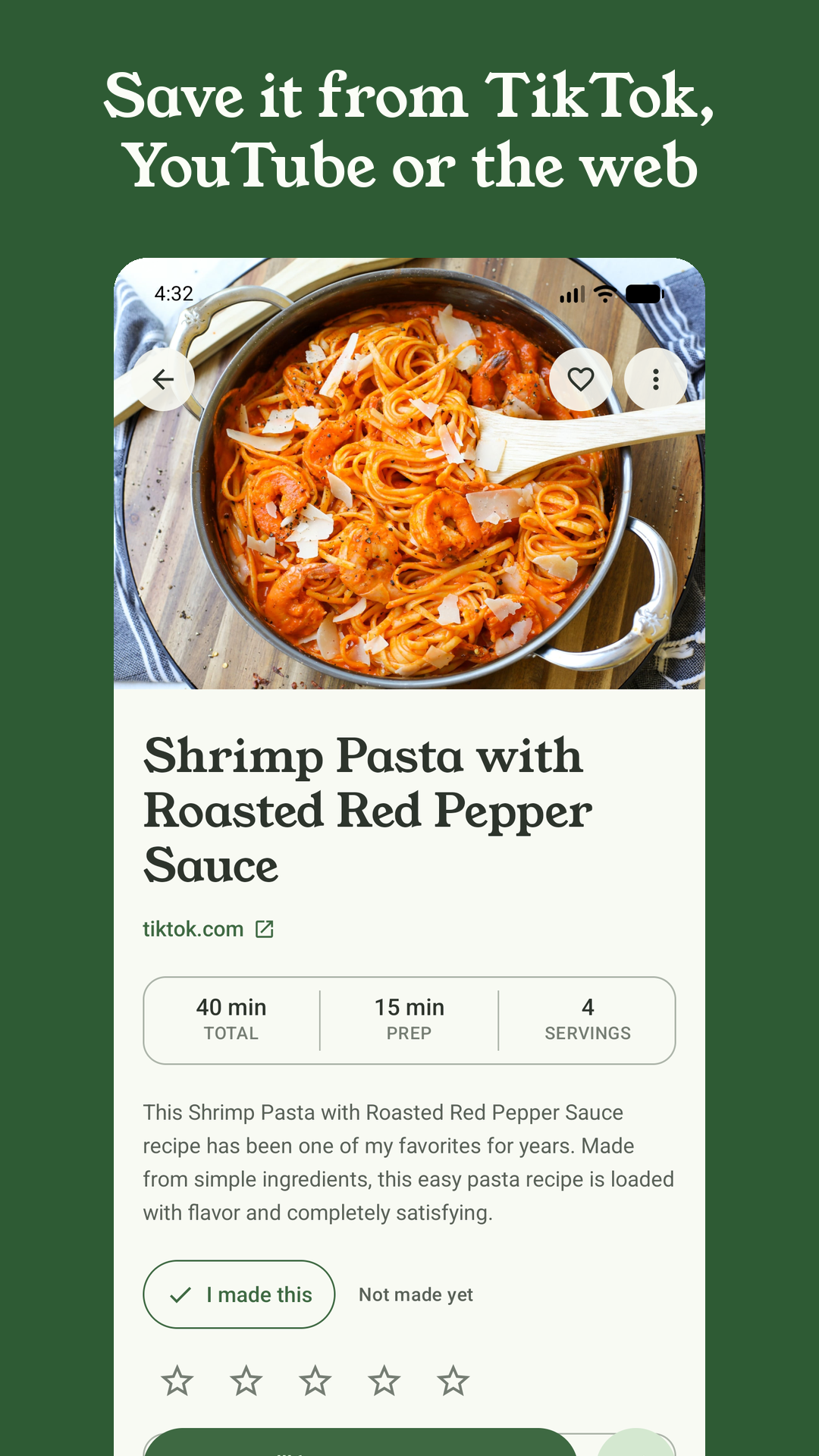 A shrimp pasta recipe saved from TikTok, with photo, times and servings