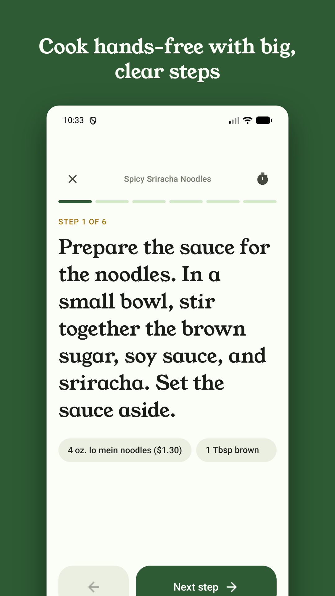 Cook mode showing one large step with a timer