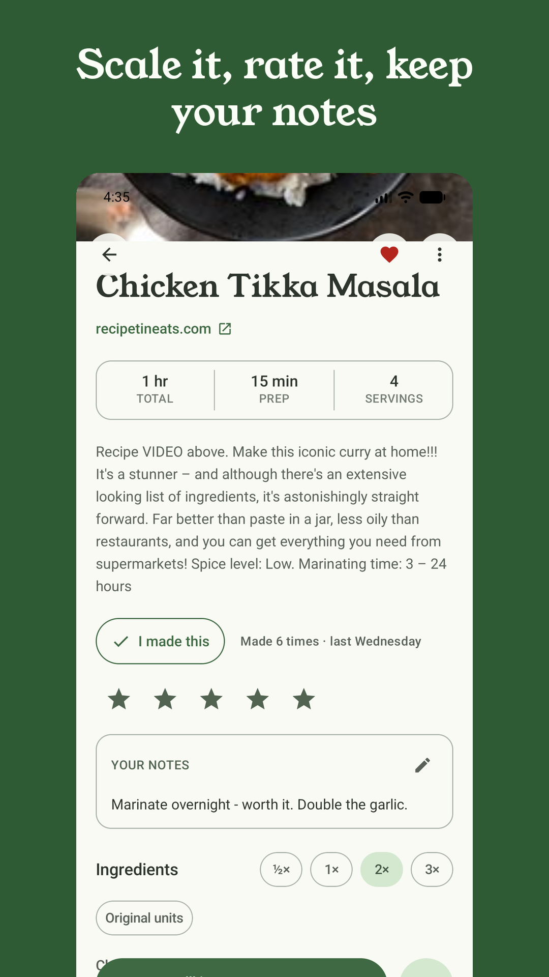 Recipe detail with cook journal, five-star rating, personal notes and 2x scaling