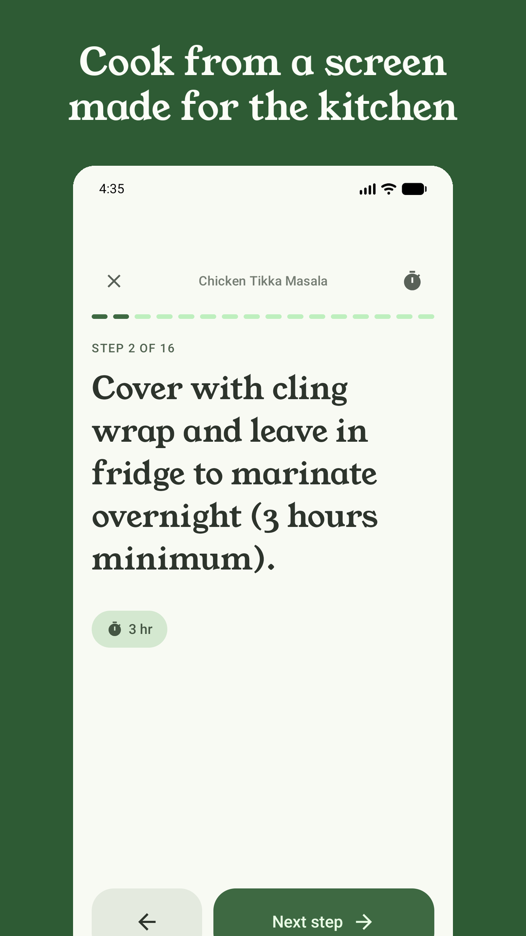 Cook mode showing one large step and a 3-hour timer chip