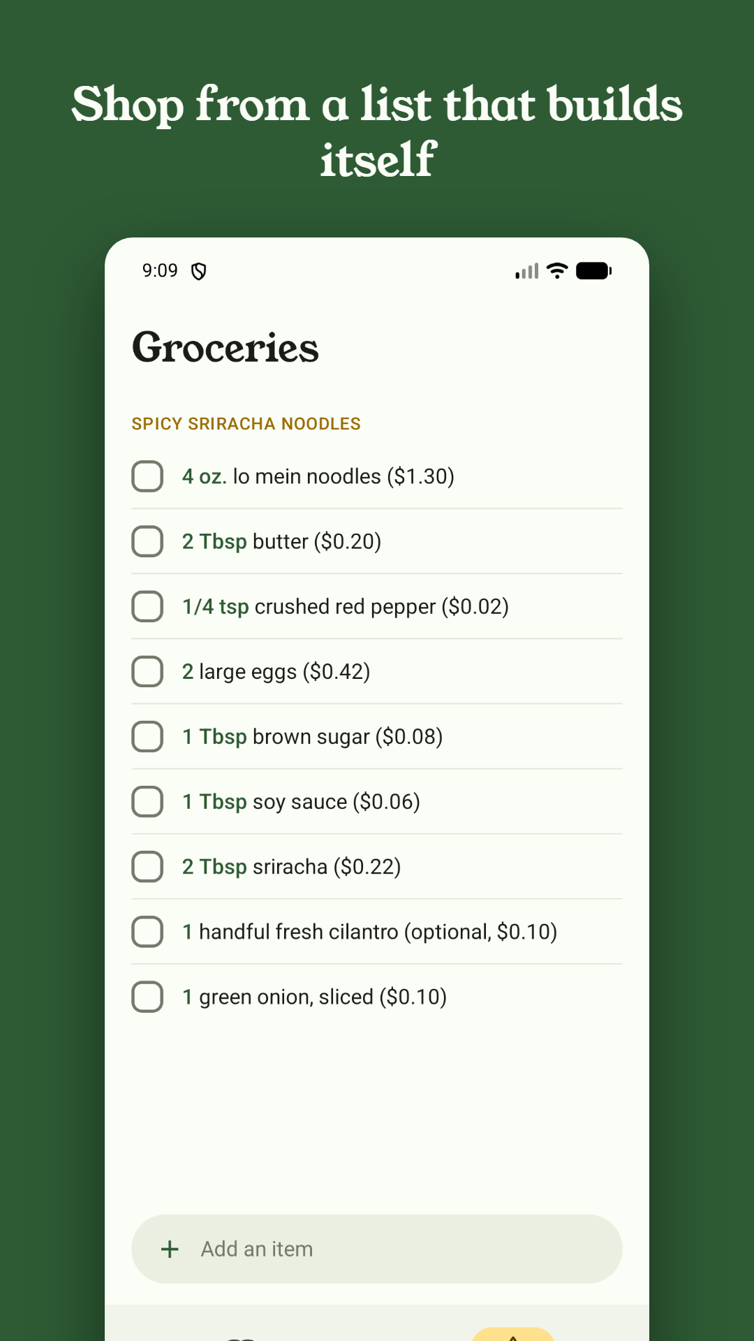 Grocery list grouped by recipe