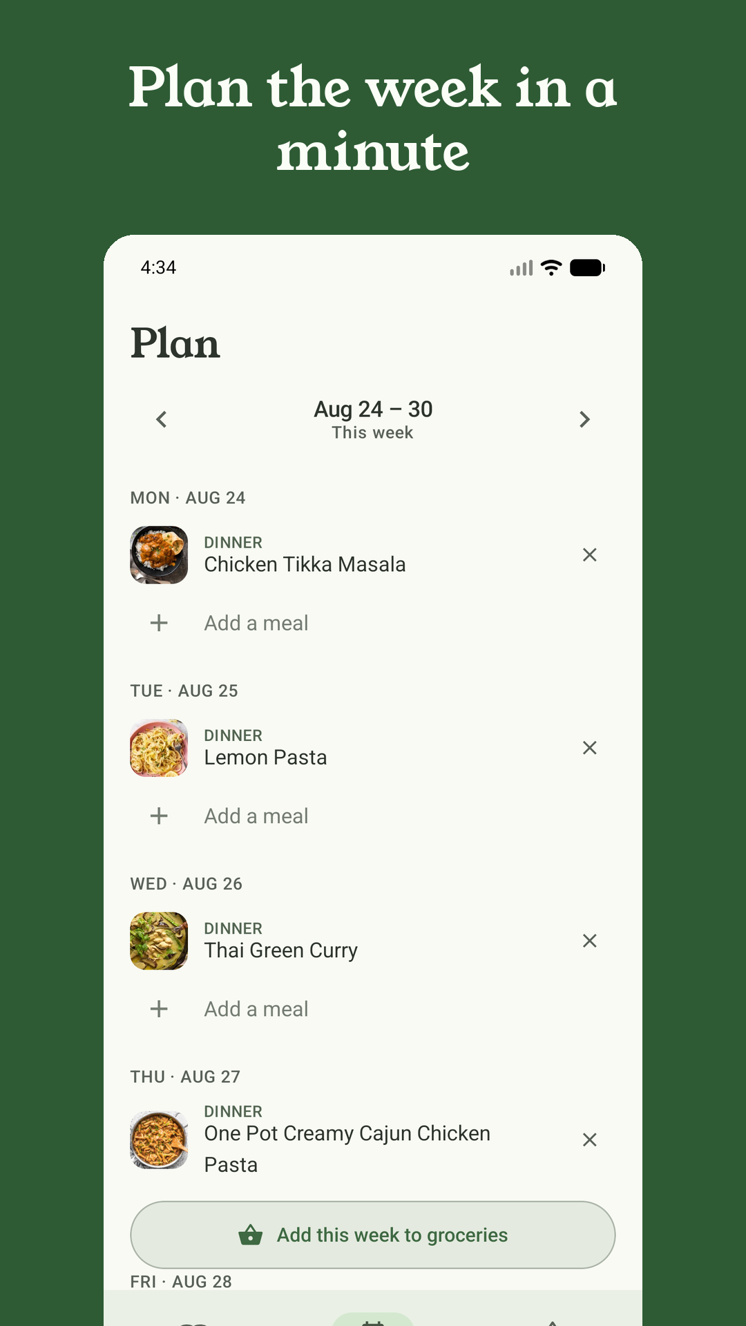 A week of planned dinners with an Add this week to groceries button