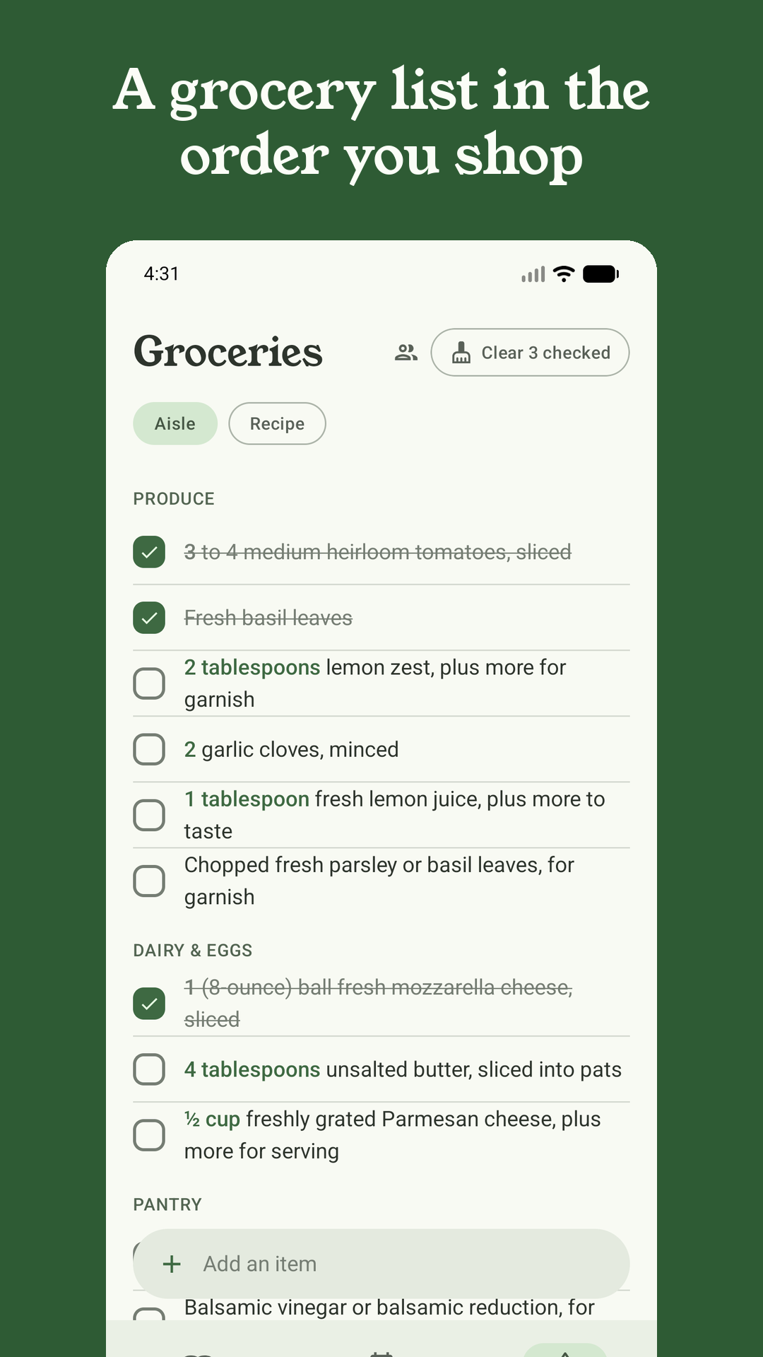 Grocery list grouped by aisle — produce, dairy and eggs, pantry — with items checked off