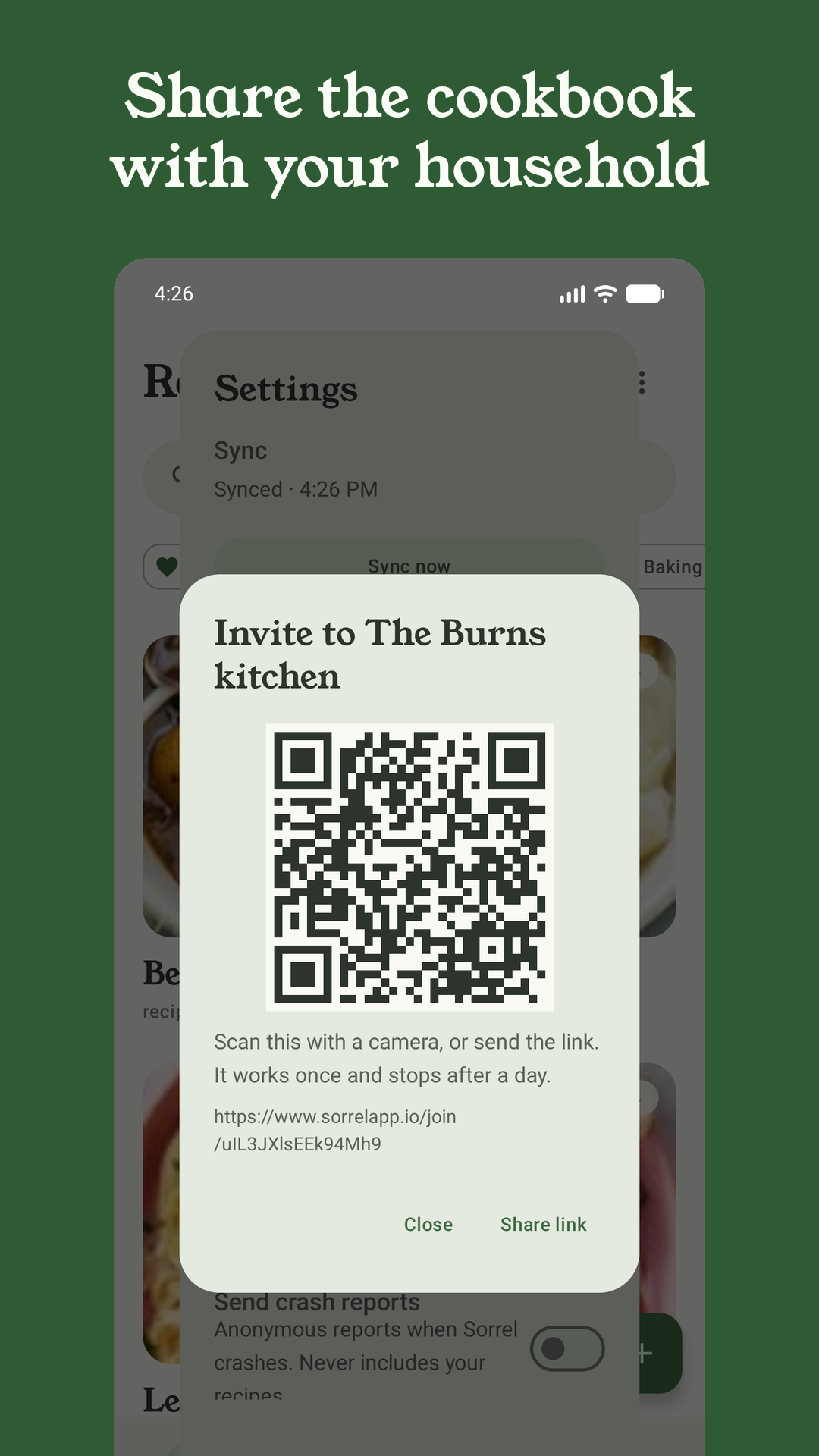 Household invite sheet with a QR code and a sorrelapp.io/join link